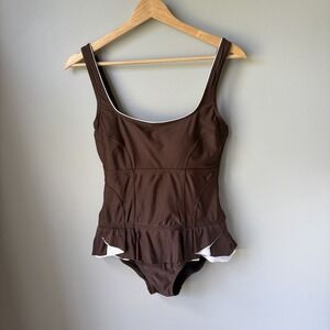 Vintage Shore Shapes Swimwear One Piece Women's Size 8-10 Brown Ruffles Slimming